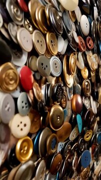Collection of colorful assorted sewing buttons with different sizes and styles, plastic and metal materials, angled perspective close-up.