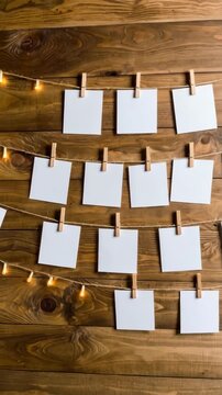 Rustic wood background with clothespins holding blank white paper squares and illuminated string lights