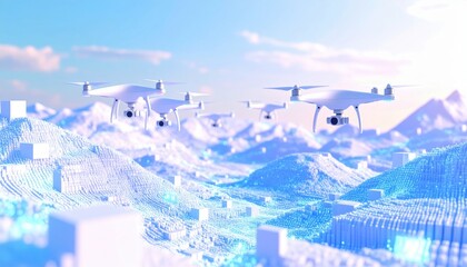 Futuristic Drone Fleet Flying Over Abstract Pixelated Landscape