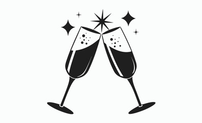 Champagne glasses icon, celebration toast silhouette, sparkling wine graphic, Two glasses of champagne and bubbles