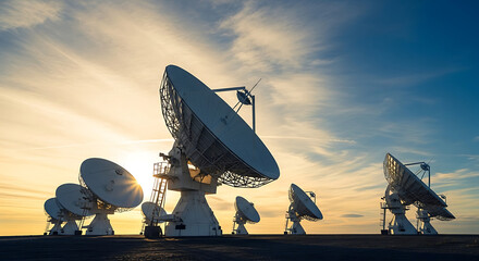 Array of large radio telescopes silhouetted against a dramatic sunset sky, capturing signals.