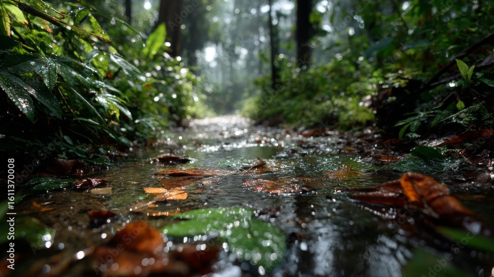 Poster a close-up view of a forest floor covered with wet leaves and plants, illuminated by soft sunlight f
