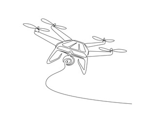 Flying drone aircraft in single outline illustration. Continuous line art drawing of drone fly.