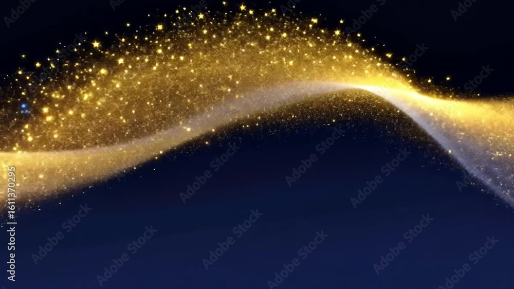 Poster enchanting shimmering wave of golden sparkles dances across dark background, creating magical atmosp
