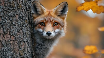 Fototapeta premium A curious and wary fox peeking cautiously around a tree trunk