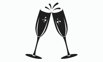 Champagne glasses icon, celebration toast silhouette, sparkling wine graphic, Two glasses of champagne and bubbles