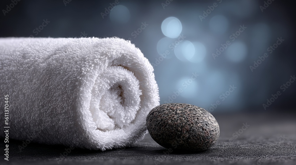 Poster a neatly rolled white towel next to a smooth black spa stone on a textured surface with soft bokeh l
