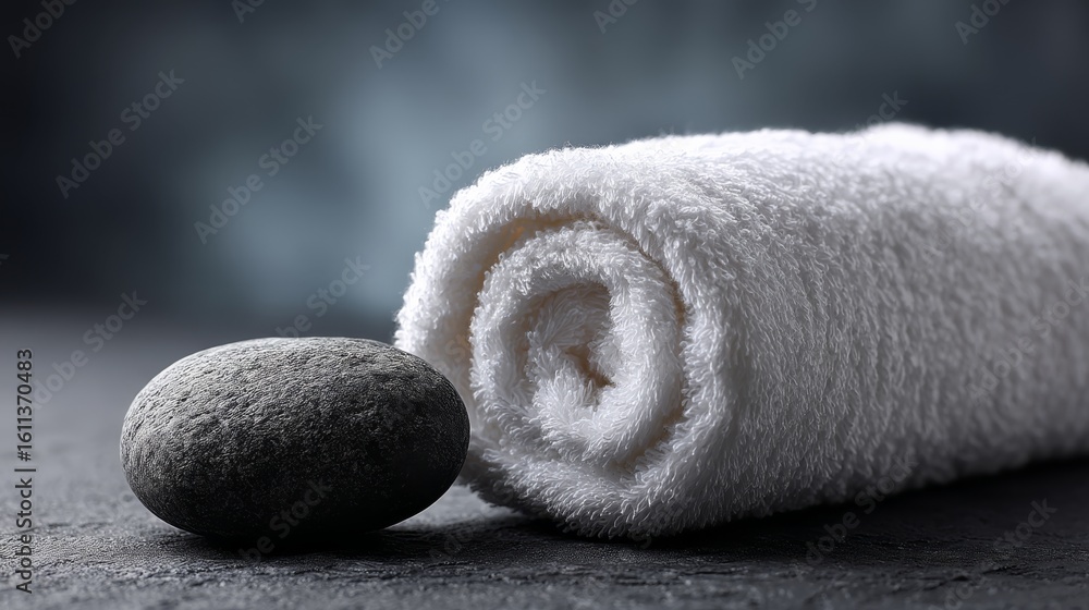 Poster a rolled white towel and a smooth black stone rest on a textured dark surface, evoking a calm and mi