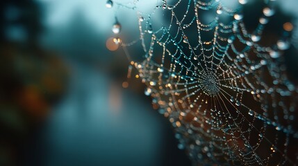 A close-up of a delicate spider web adorned with dewdrops shimmering against a blurred, moody background.