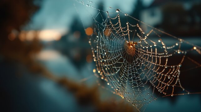 A dewy spider web glistens at dusk, showcasing intricate threads against a blurred, softly lit background.