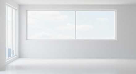 An empty, minimalist white room with large windows overlooking the sky.