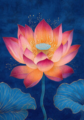 Vibrant illustration of golden lotus flower with pink and orange petals set against deep blue background, exuding elegance and tranquility