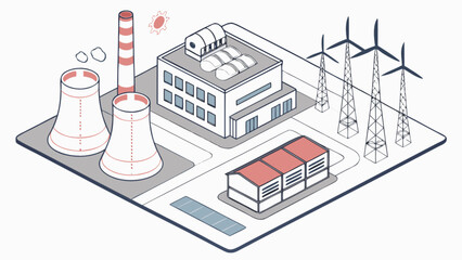 Renewable energy power plant illustration featuring wind turbines solar panels and nuclear reactors design 100