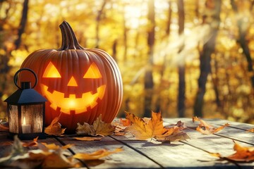 Halloween pumpkin with a carved face and a lantern on a wooden table, set against an autumn forest background, with ample space for copy.