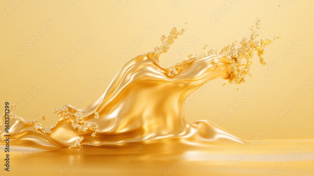 Poster golden liquid splash wave in dynamic motion with droplets on yellow background