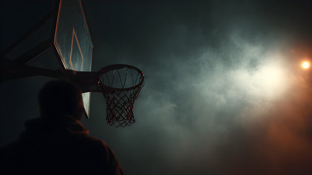 A basketball hoop and backboard with a figure in the foreground under a hazy spotlight glow