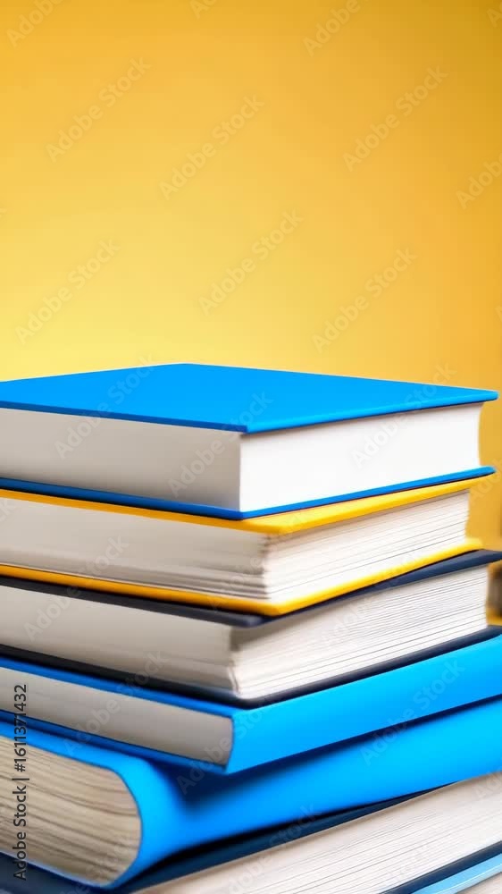 Poster stacks of colorful books arranged on a white surface with a bright yellow background, creating a sim