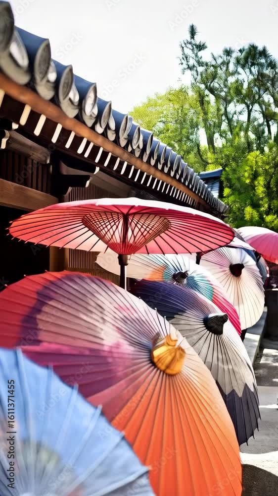 Poster colorful paper parasols line a traditional building in asia, creating a vibrant pattern with the arc