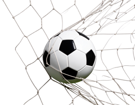 Soccer Ball Stuck in Goal Net, Isolated on White Background PNG