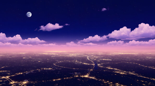 Pink clouds and city lights seen from airplane window at dusk - Powered by Adobe