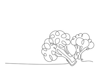 Fresh brocolli in single outline illustration. Continuous line art drawing of brocoli vegetable.