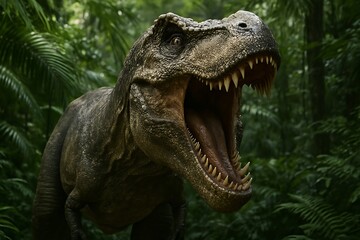 Fototapeta premium Roaring Tyrannosaurus rex close-up in Cretaceous jungle