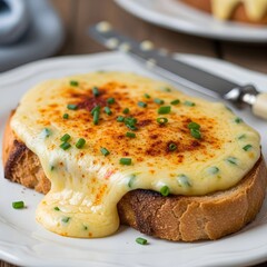 Welsh Rarebit Close-Up with Melted Cheese on Rustic Toast