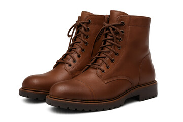 Classic brown leather boots resting on a transparent background, exuding style and durability, perfect for adventures and everyday wear