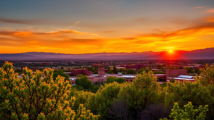 Fototapeta premium Sunset in Santa Fe, New Mexico skyline with golden hour light on green foliage summer plants and cityscape buildings with mountains silhouette