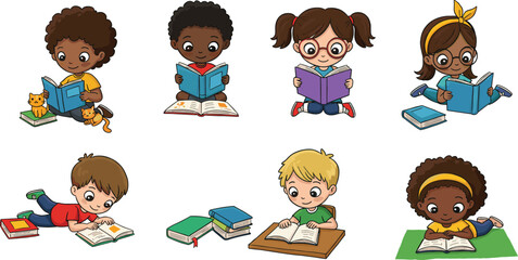 Diverse Kids Reading Books in Different Poses with Cute Expressions for Educational, Lifestyle, and Learning-Themed Illustrations