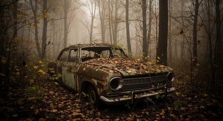 Forgotten Relic: A Vintage Car Slowly Reclaimed by Nature in an Autumnal Forest
