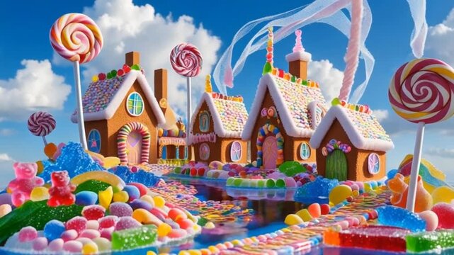 Colorful Candy Land with Gingerbread Houses and Lollipops Outdoors