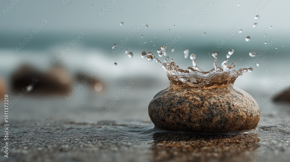 Poster a close-up of a stone with water splashing upon impact, creating droplets and ripples on a wet surfa