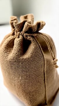 Closed burlap sack, neutral brown fabric bag with a drawstring, packaging on a white surface, small sack made with coarse fiber, container, sustainable material.