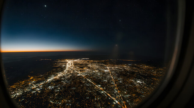 City lights at night viewed from airplane window during twilight
