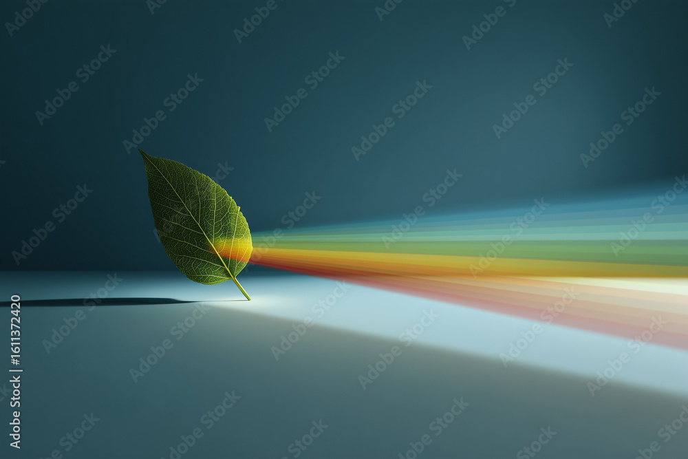 Poster 3d minimalist leaf floating midair with a sunbeam passing through and splitting into multiple colors