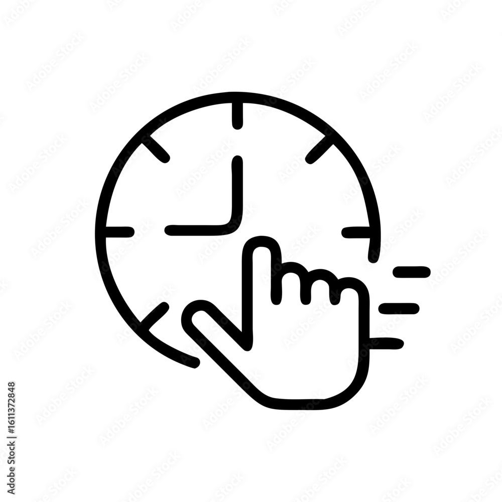 Poster instantaneous action with a finger touching a clock face, signifying immediate task completion and e