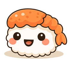 Cute sushi roll topped with tiger shrimp, designed in a playful kawaii style. Perfect for food-related content, featuring an adorable and cheerful tiger shrimp sushi design.