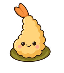Cute tempura shrimp illustration, designed in a kawaii style. Perfect for food-related projects, especially for seafood lovers or Asian cuisine content.