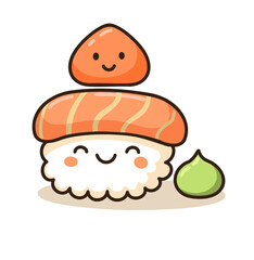 Kawaii sushi with wasabi, designed in a cute and playful style. A fun food icon perfect for children's food illustrations, offering a cheerful and vibrant representation of Japanese cuisine.