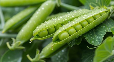 Fresh green peas in their pods glistening with water droplets macro shot