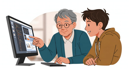 Senior and Teenager Learning Computer