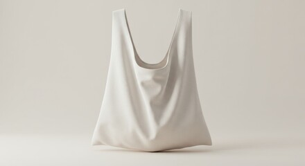 A simple white cloth bag hangs against a neutral background, showcasing its minimalist design and soft draping.