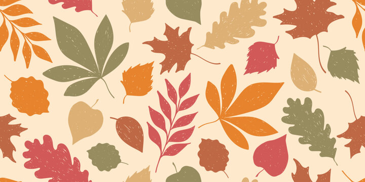 colorful hand drawn autumn leaves seamless pattern in rustic pencil texture style on beige background