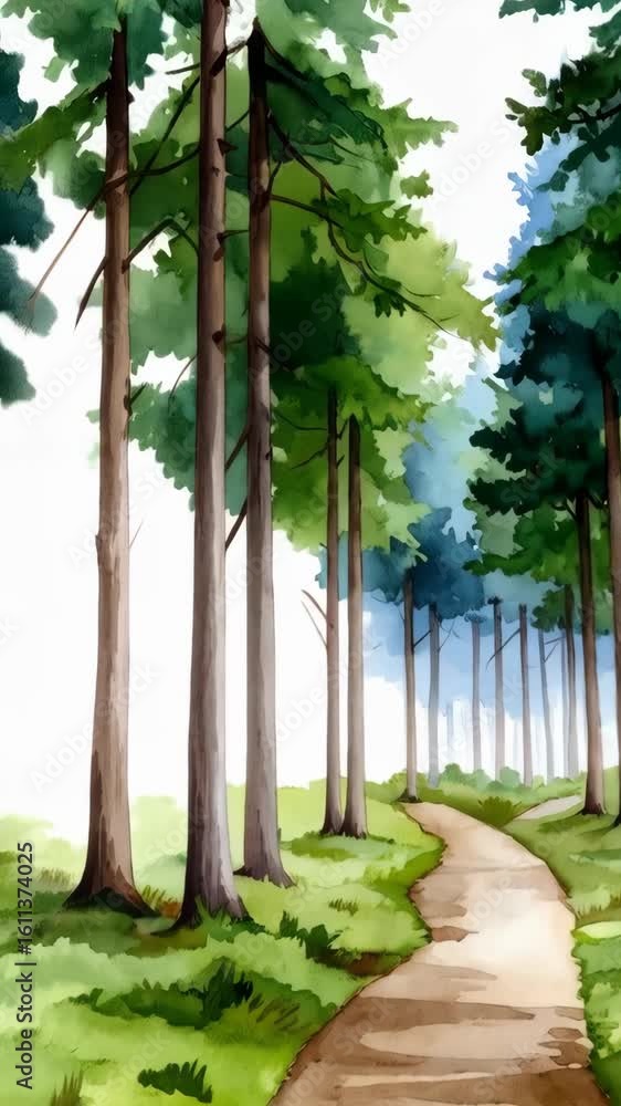 Poster watercolor painting of a winding path through a serene forest with tall trees and lush greenery, cre