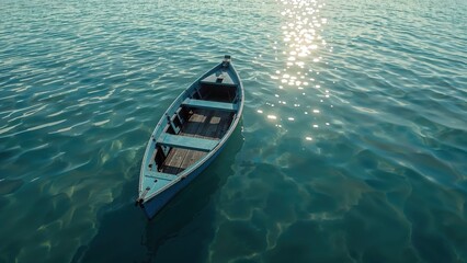 Obraz premium Serene wooden boat floating on sunlit water