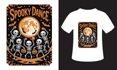 Spooky dance halloween poster design with dancing skeletons and full moon