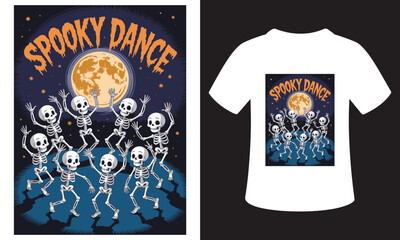 Skeletons dancing under a full moon on halloween night