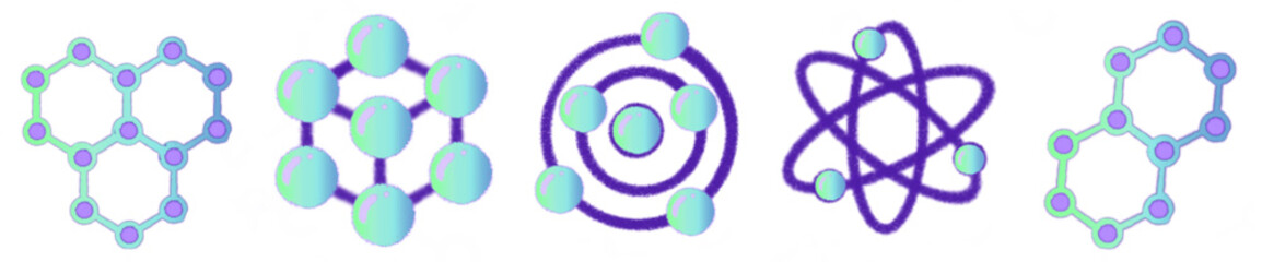 Colorful Hand-Drawn Molecular Science Elements with Gradient Blue-Purple Style – Chemistry Education Clipart Pack