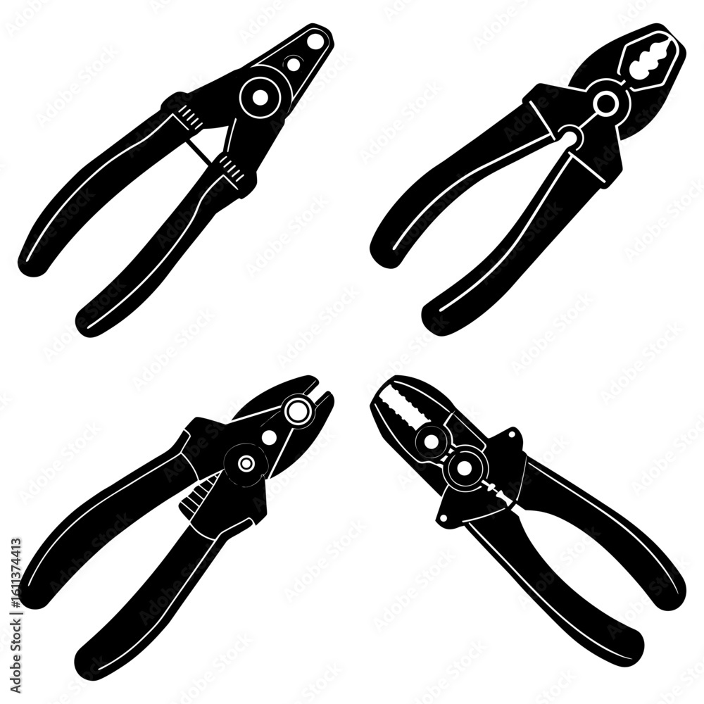Aufkleber four black and white illustrations of different types of pliers arranged in a square pattern format